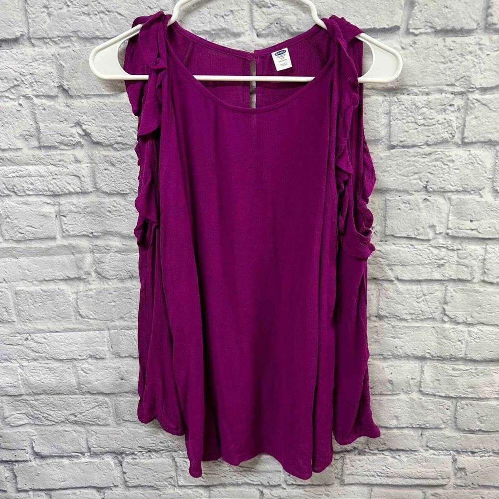 Old Navy Shirt Womens Small‎ Tall Purple Ruffle Trim Cold Shoulder Blouse